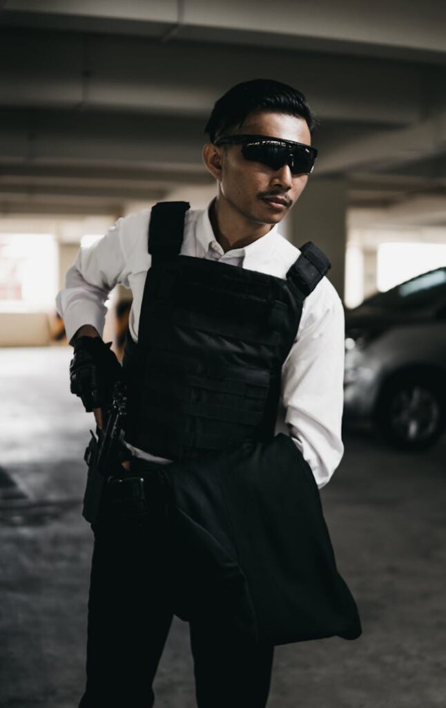 pexels-photo-5828528 Man in a bulletproof vest and sunglasses in an underground parking lot.